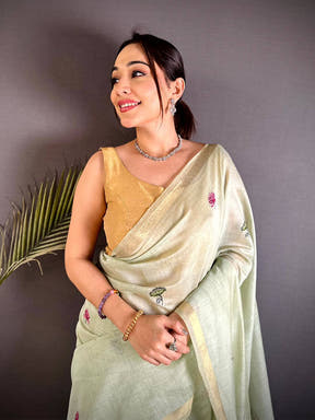Classic Pichwai Resham Work Linen Saree