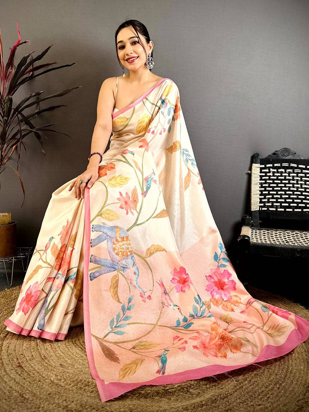Peach Tussar Floral Water Block Saree