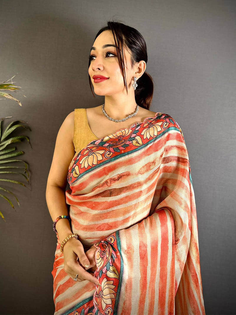 Stylish Pen Kalamkari Shibori Cutwork Saree