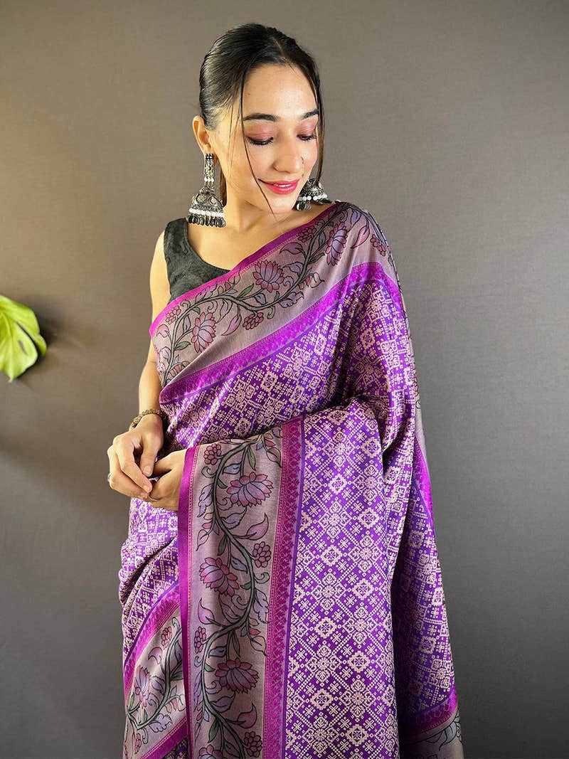 Orchid Patola And Kalamkari Fusion Saree