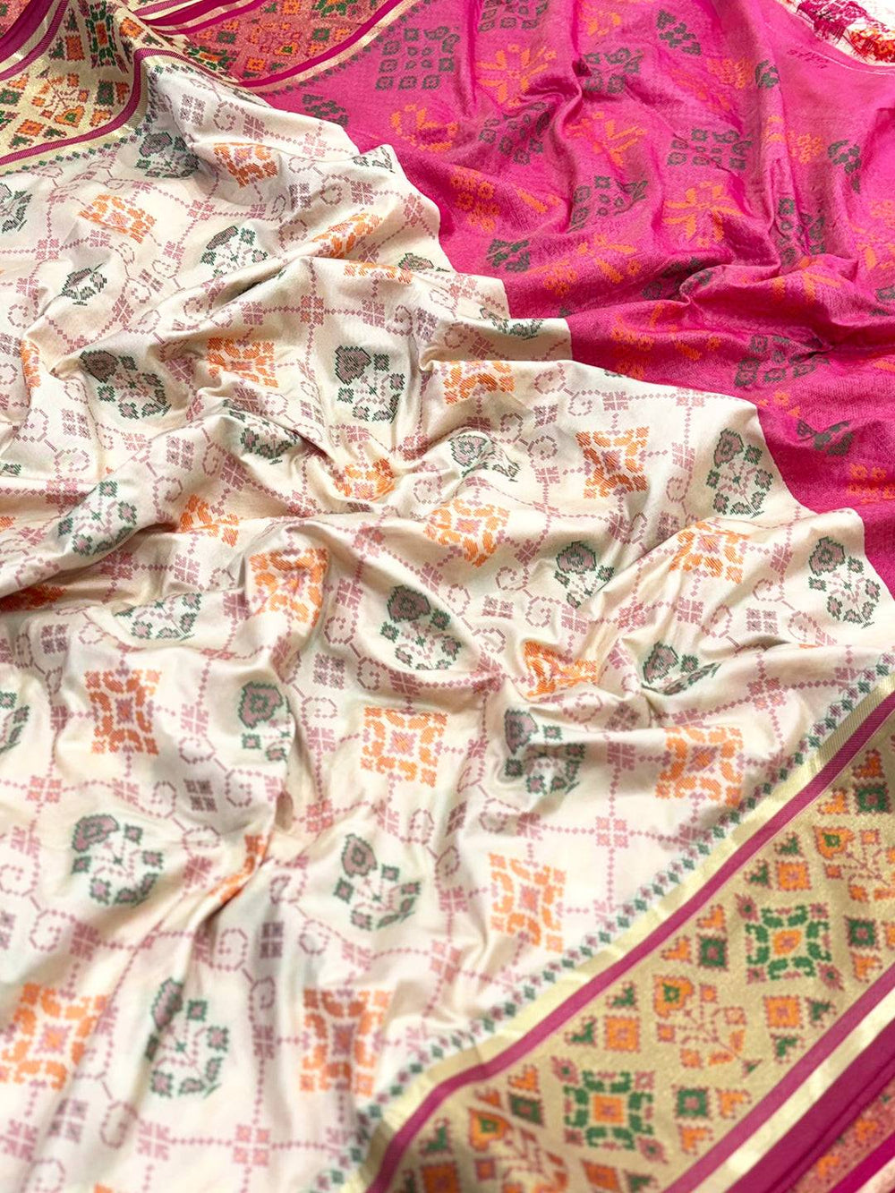 White Pochampally Patola Soft Silk Saree
