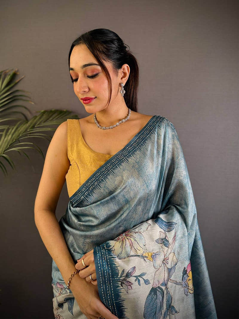 Blue Soft Tussar Silk Digital Floral Saree