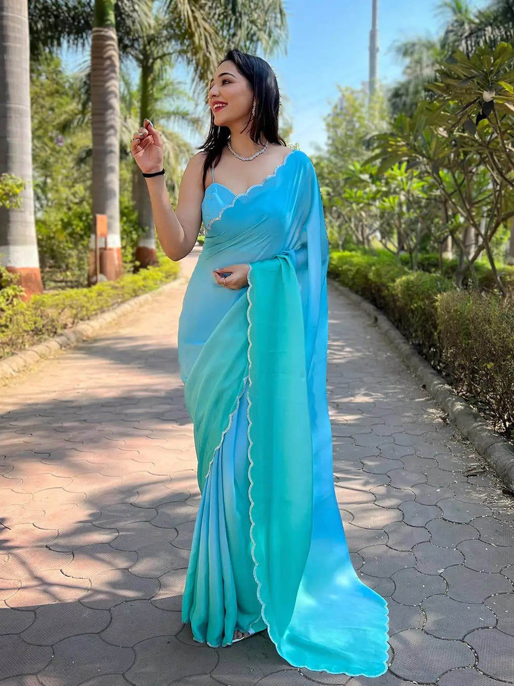  Sky Blue Colour Satin Georgette Saree with Ombre Print