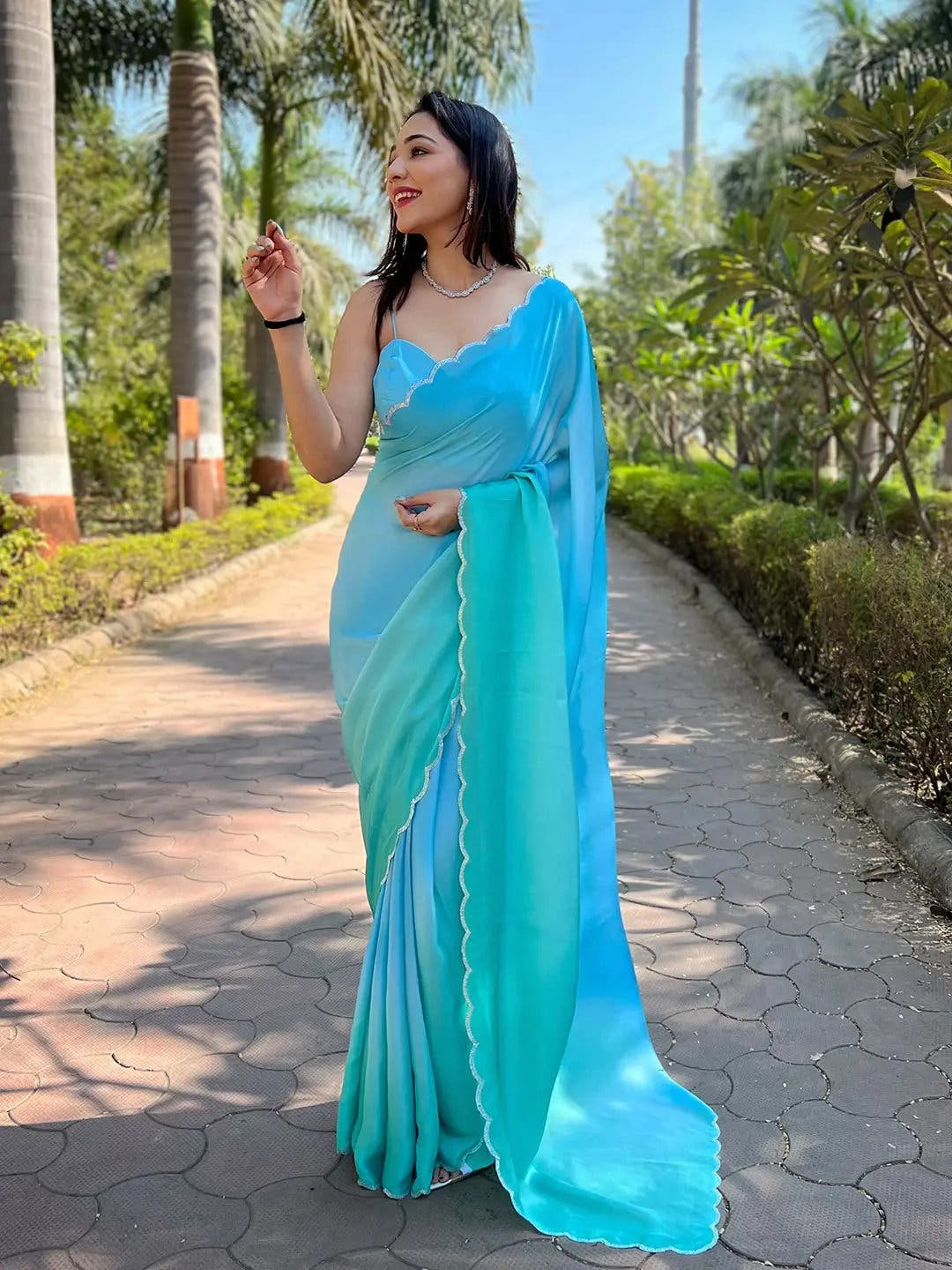 Sky Blue Colour Satin Georgette Saree with Ombre Print
