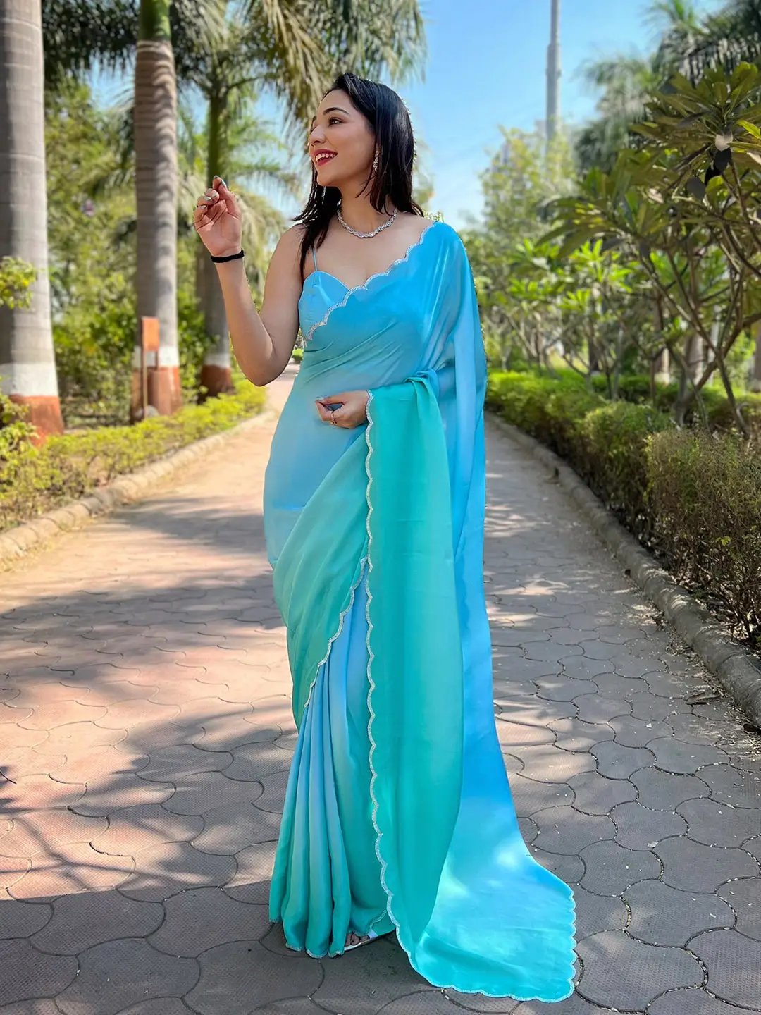 Sky Blue Colour Satin Georgette Saree with Ombre Print