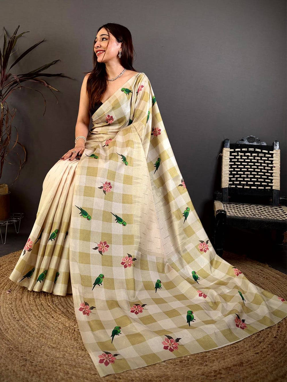 Radiant Parrot Print Soft Tussar Saree
