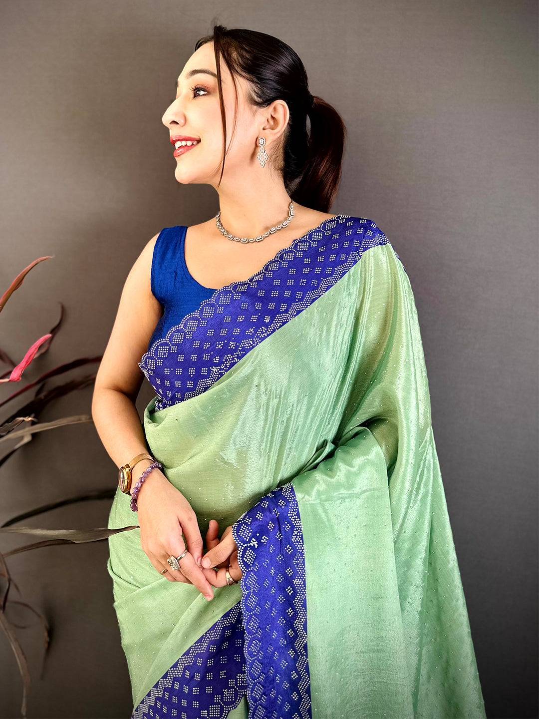 Pista Poly Chiffon Diamond Stone Work Saree