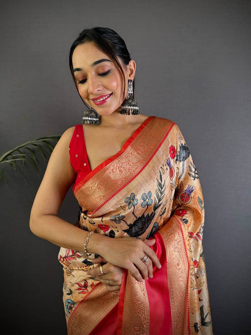 Beige Soft Silk Gadwal Kalamkari Saree