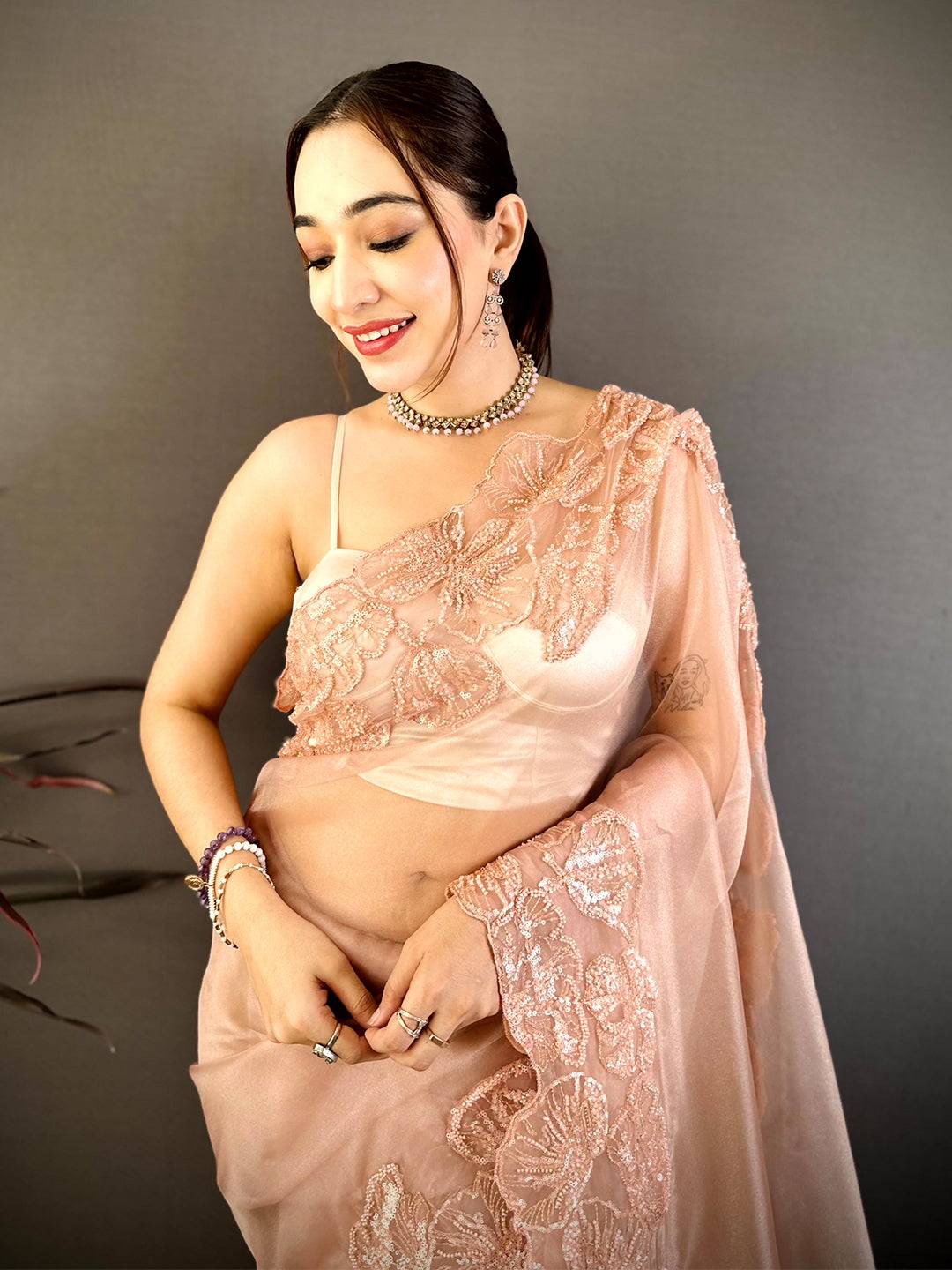 Classic Heavy Pearl Work Organza Saree