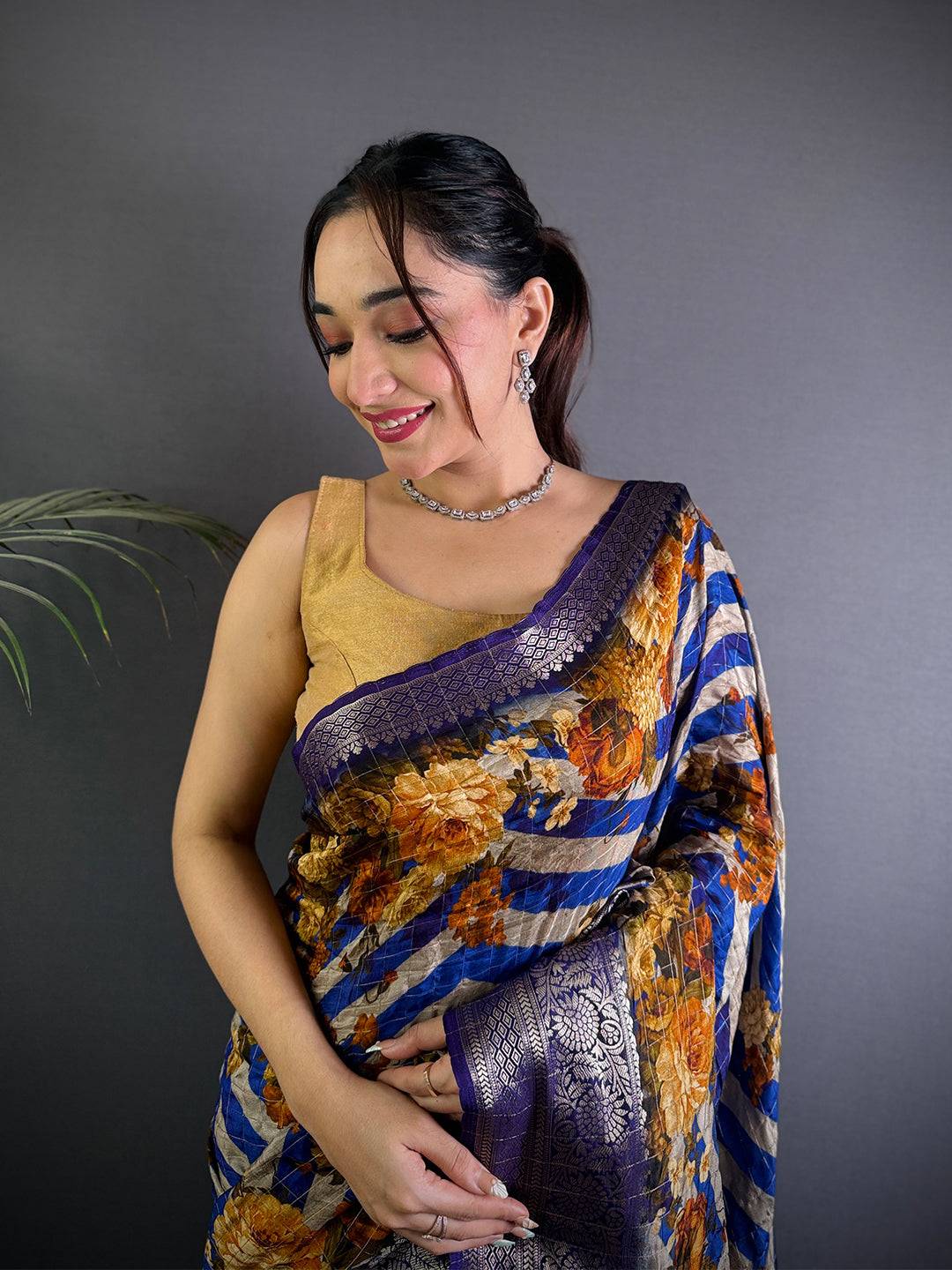 Royal Blue Floral Printed Viscose Saree