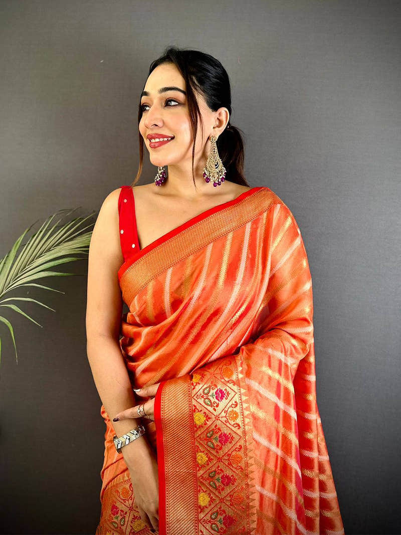 Peach Banarasi Lehriya Katan Silk Saree