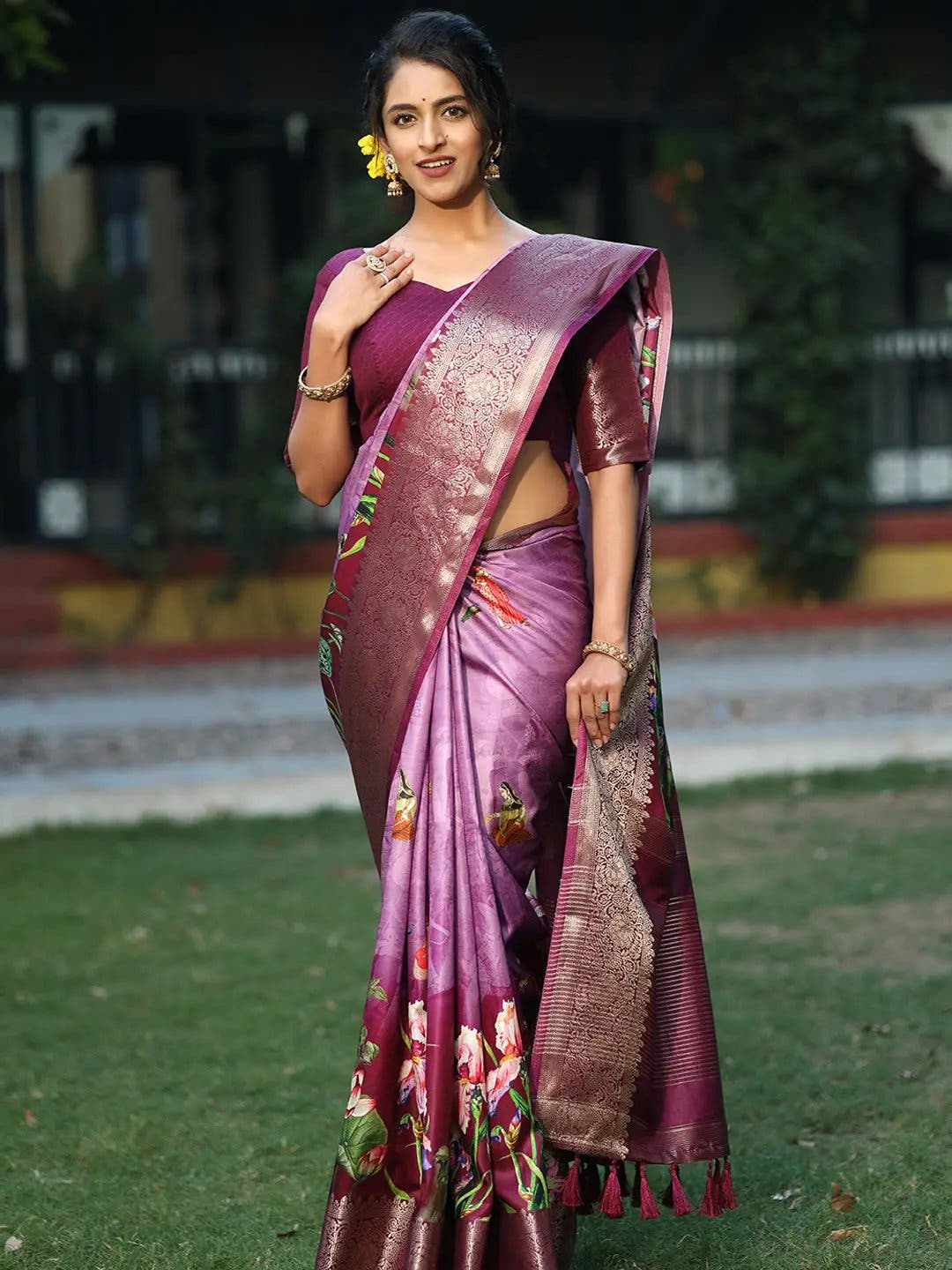 Purple Pure Viscose Dola Silk Floral & Kalamkari Print Saree