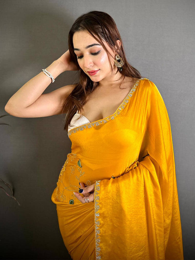 Yellow Embroidered Butta Satin Zari Saree