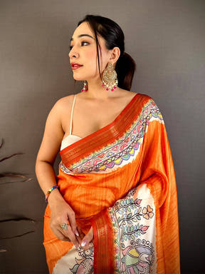 Stylish Madhubani Print Soft Silk Saree