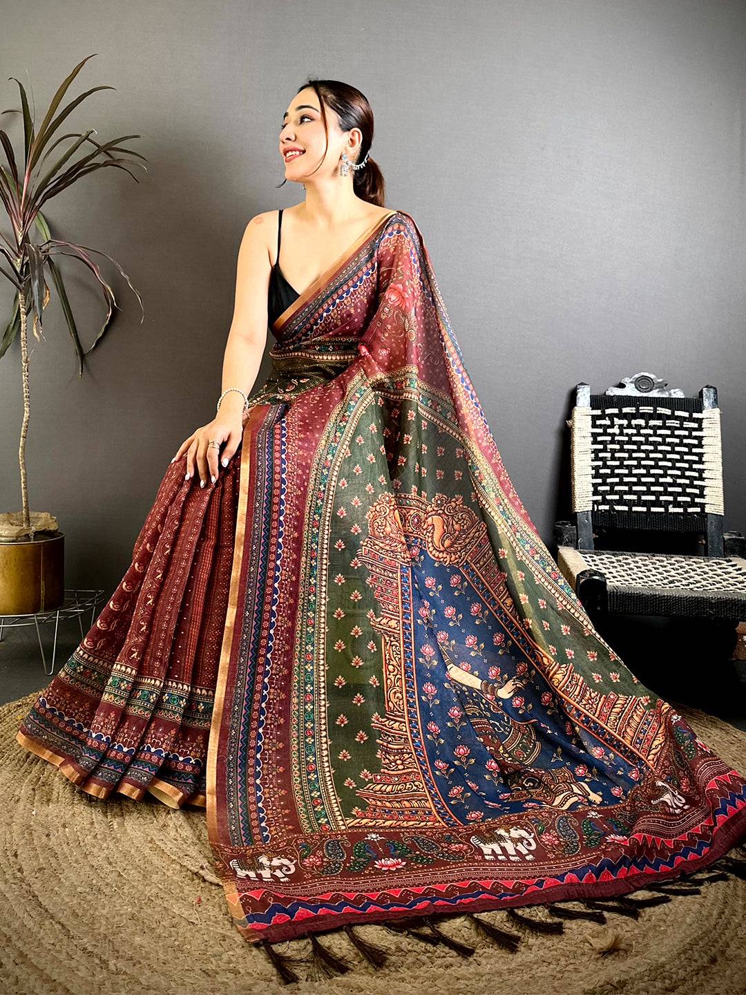 Designer Linen Chanderi Kalamkari Saree