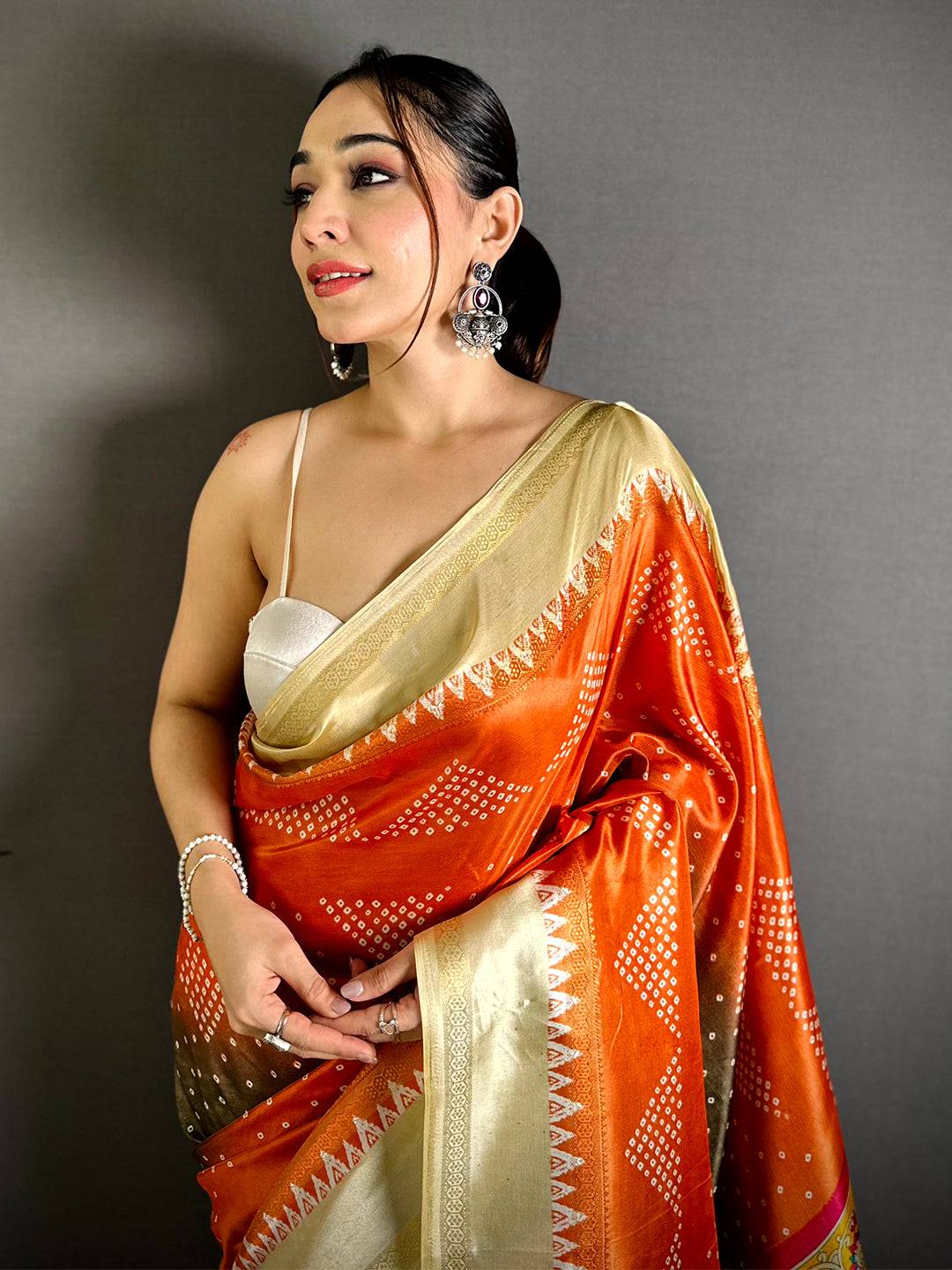Regal Kalamkari Pallu Bandhej Print Saree