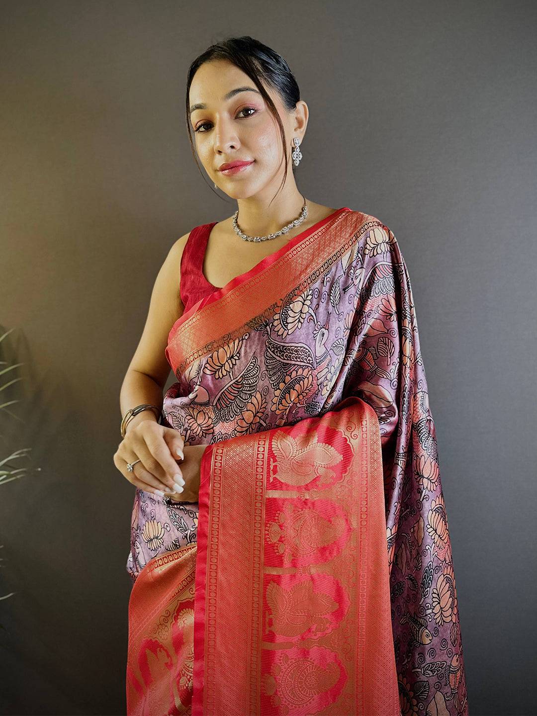Charry Satin Silk Kalamkari Saree