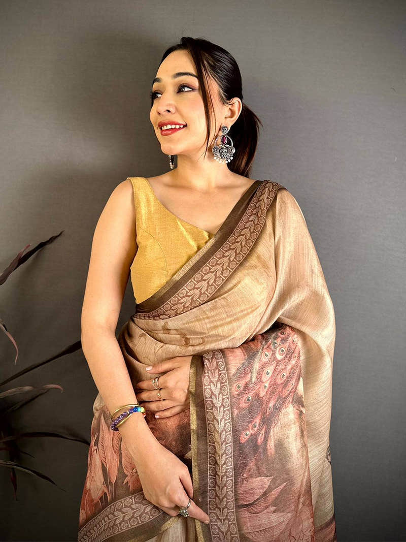 Beige Linen Tissue Kalamkari Print Saree with Peacock Pallu