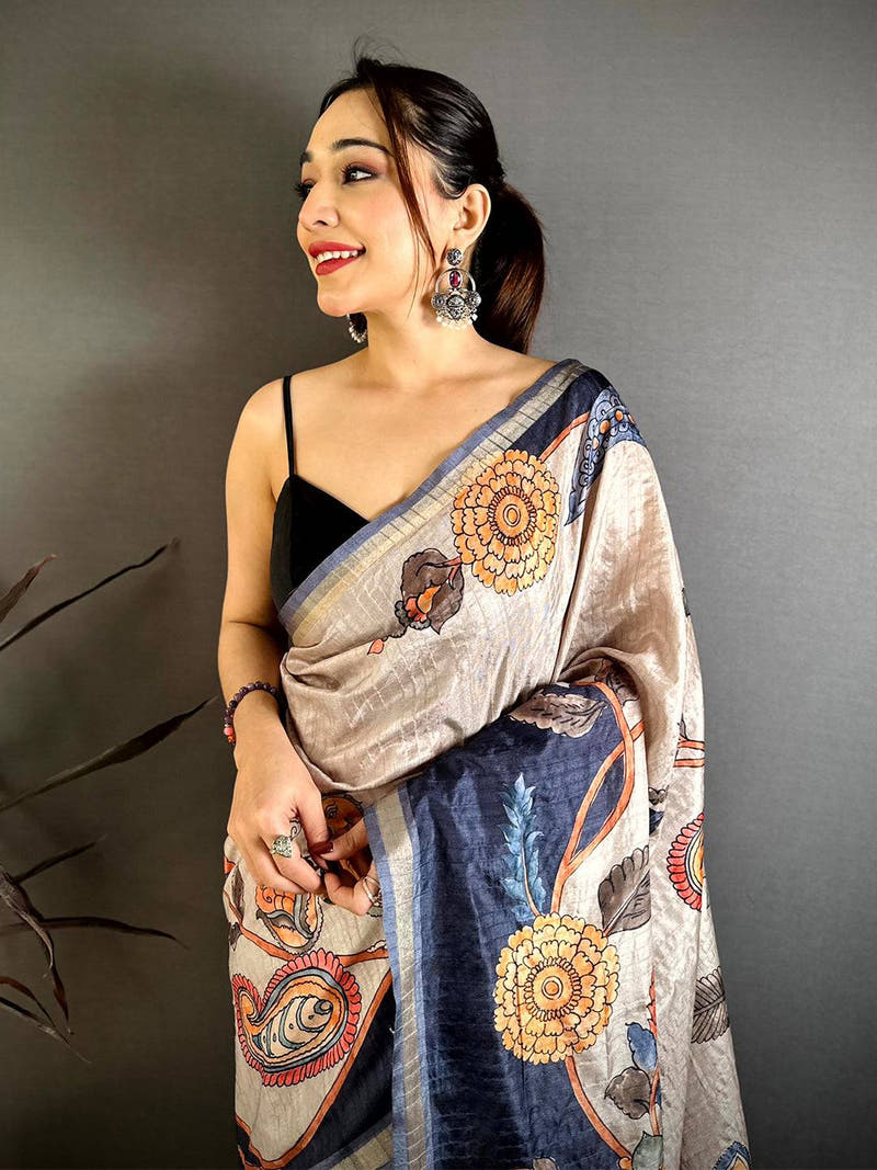Graceful Soft Tussar Kalamkari Saree
