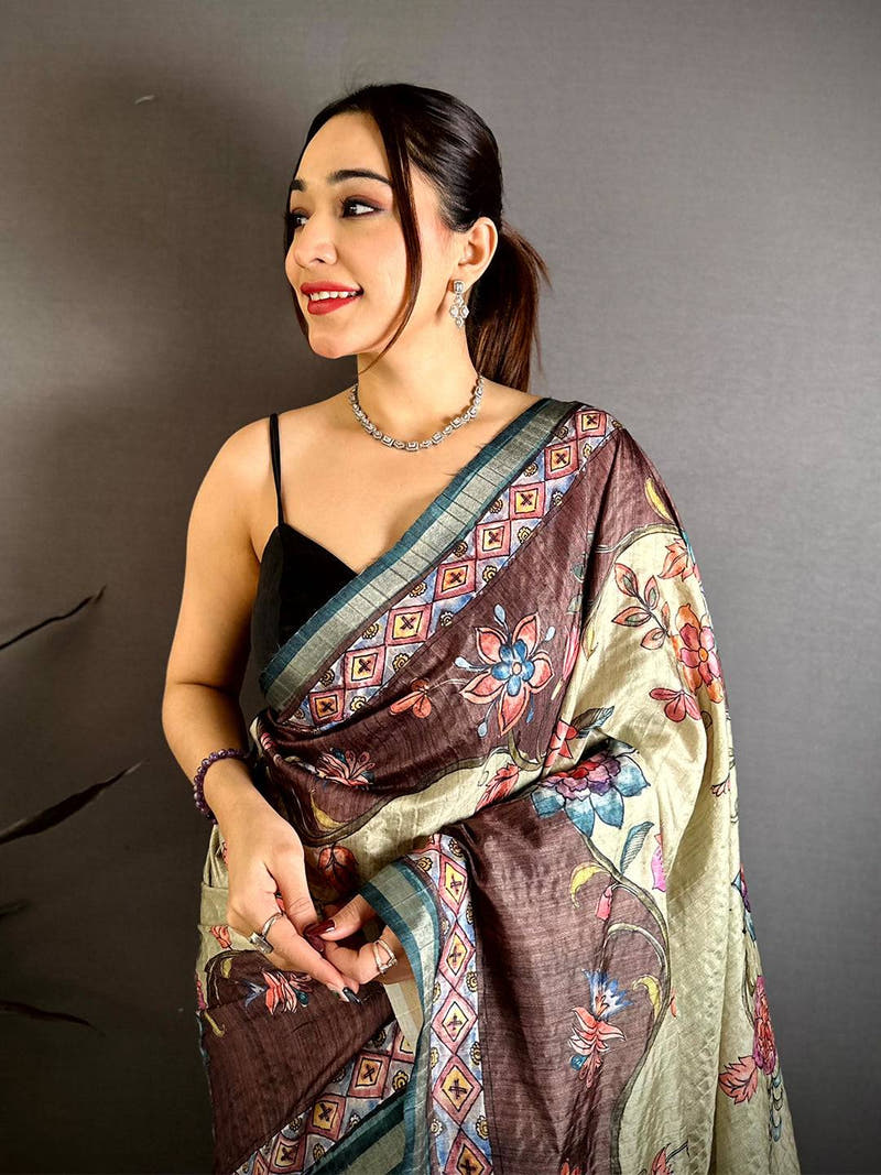 Vibrant Tussar Ghicha Kalamkari Saree