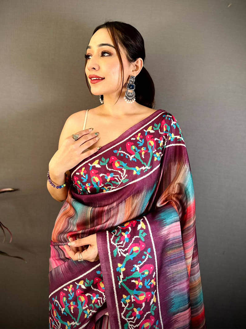 Classic Parrot Ikkat Print Tussar Saree