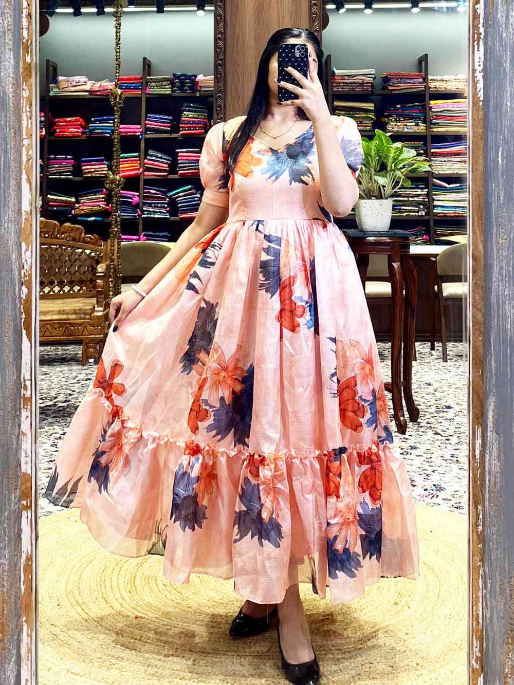 Pastel Peach Floral Print Midi Dress