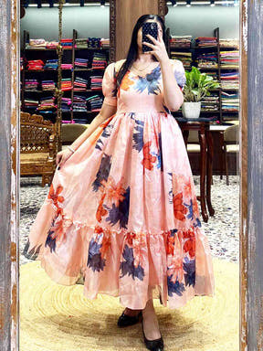 Pastel Peach Floral Print Midi Dress