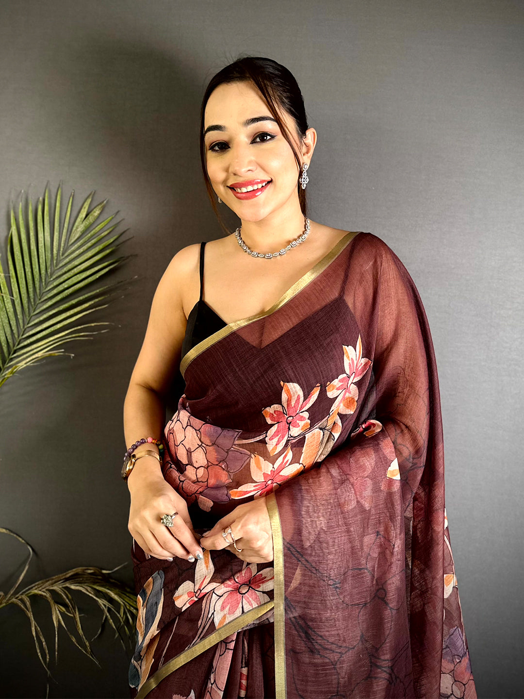 Classic Wine Floral Linen Saree