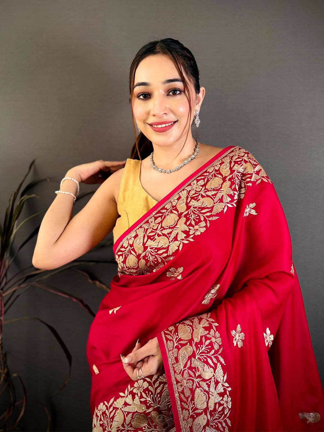 Pink Aari Bird Work Soft Satin Saree