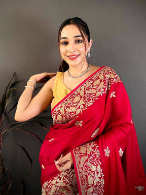Pink Aari Bird Work Soft Satin Saree