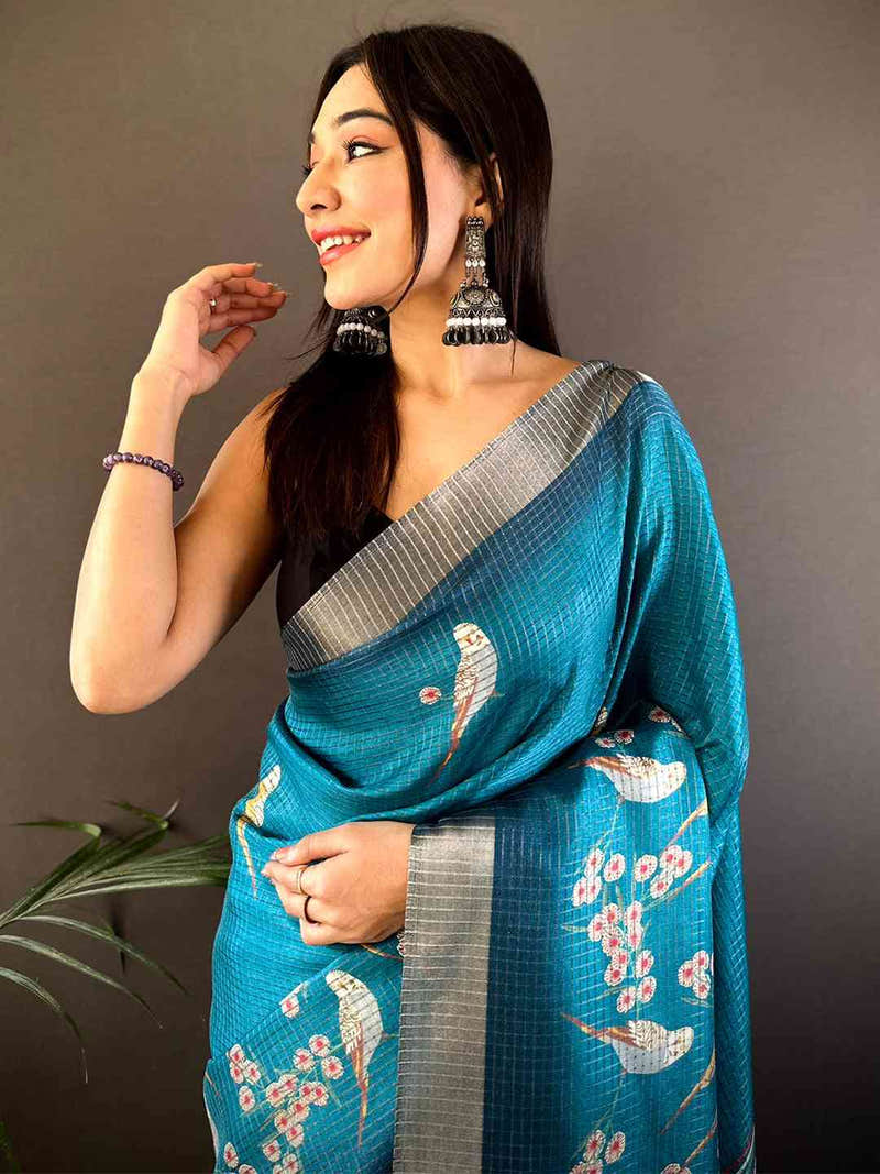 Blue Chanderi Check Sparrow Print Saree