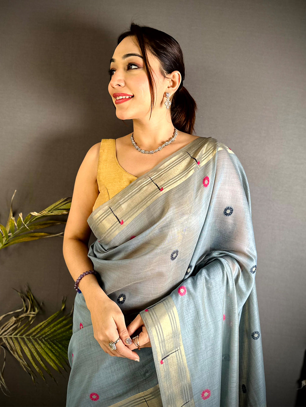 Aura Grey Minakari Butti Linen Saree