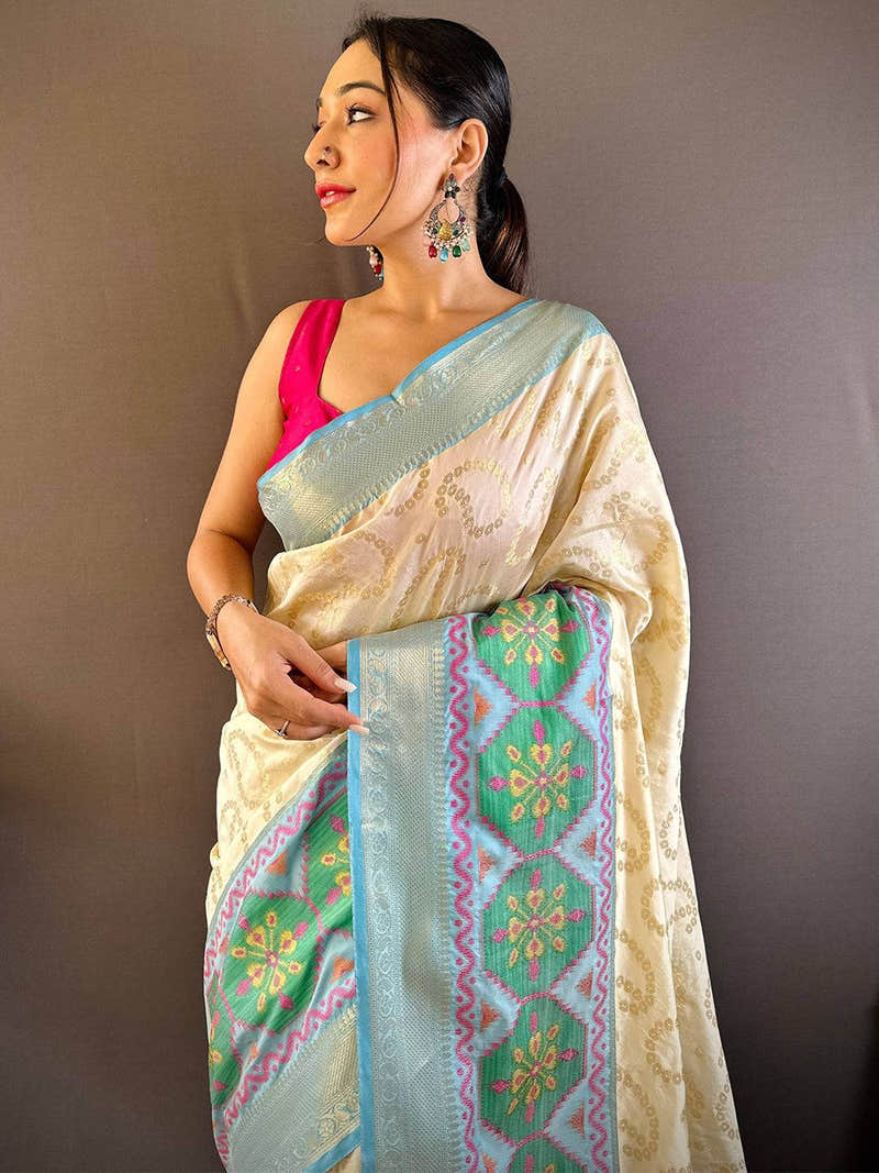 White Katan Silk Ikkat Saree