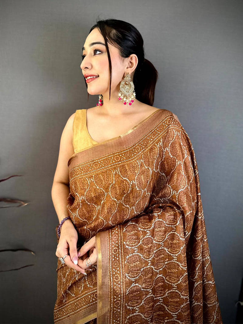 Coffee Brown Ajrakh Digital Print Kota Saree