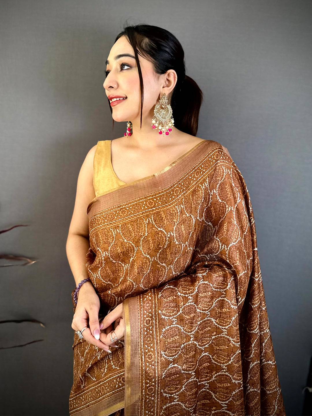 Coffee Brown Ajrakh Digital Print Kota Saree