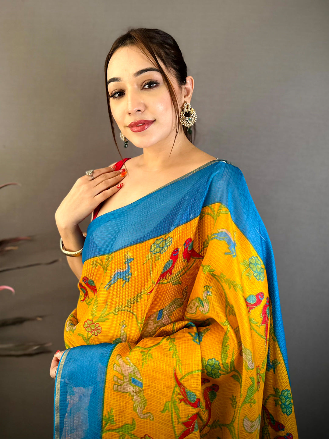 Mustard Kota Doriya Block Print Saree