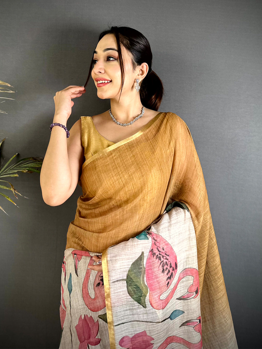 Mustard Swan Gold Zari Linen Saree