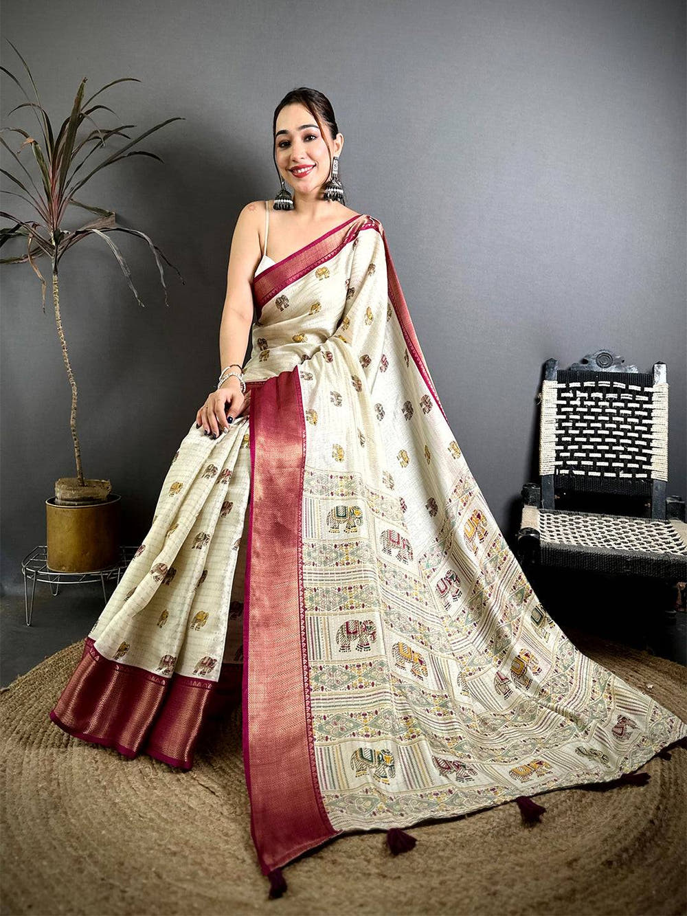 Classic Ajrakh Block Kalamkari Dola Saree