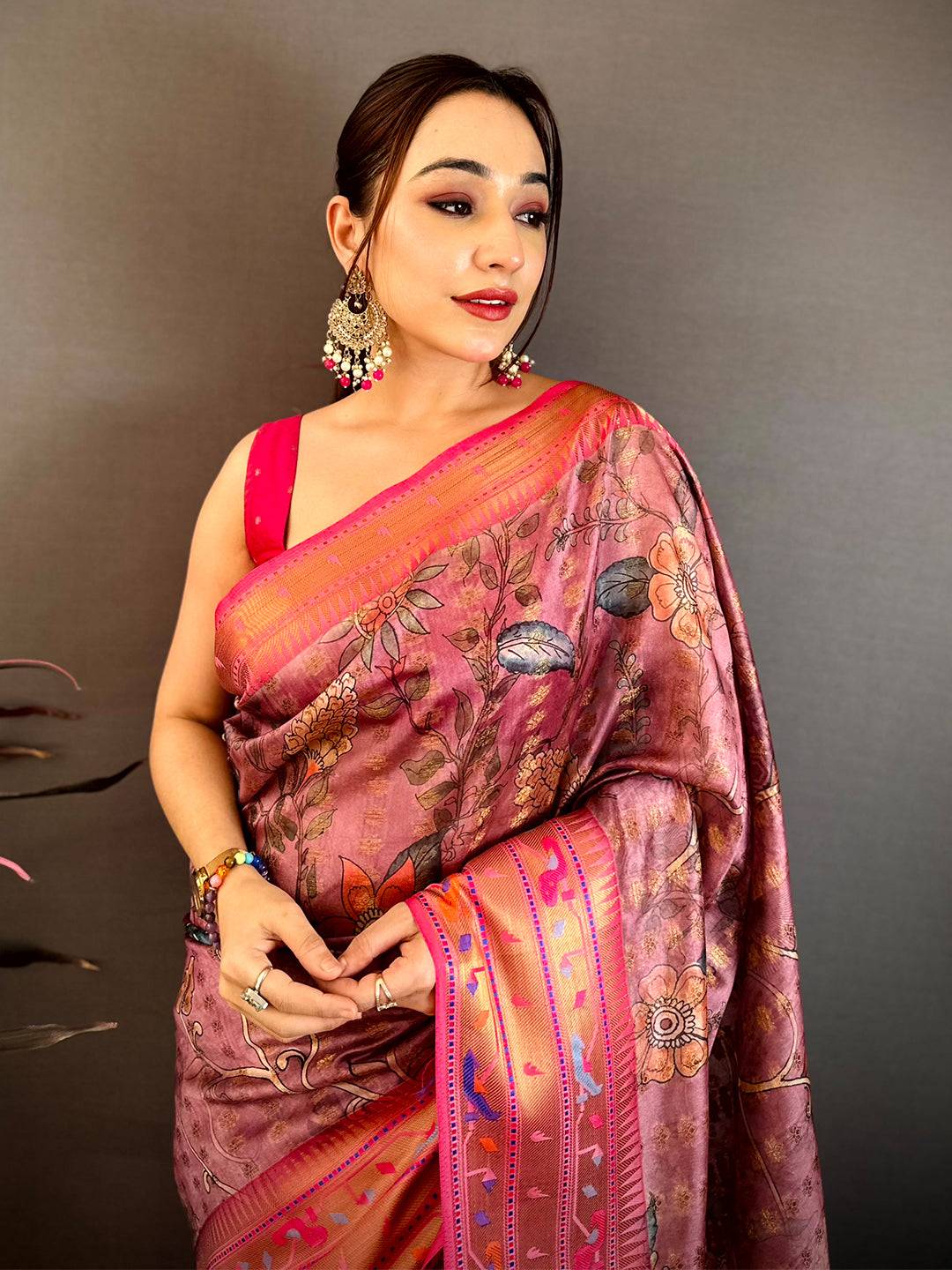 Dull Pink Paithani Border Kora Tissue Saree