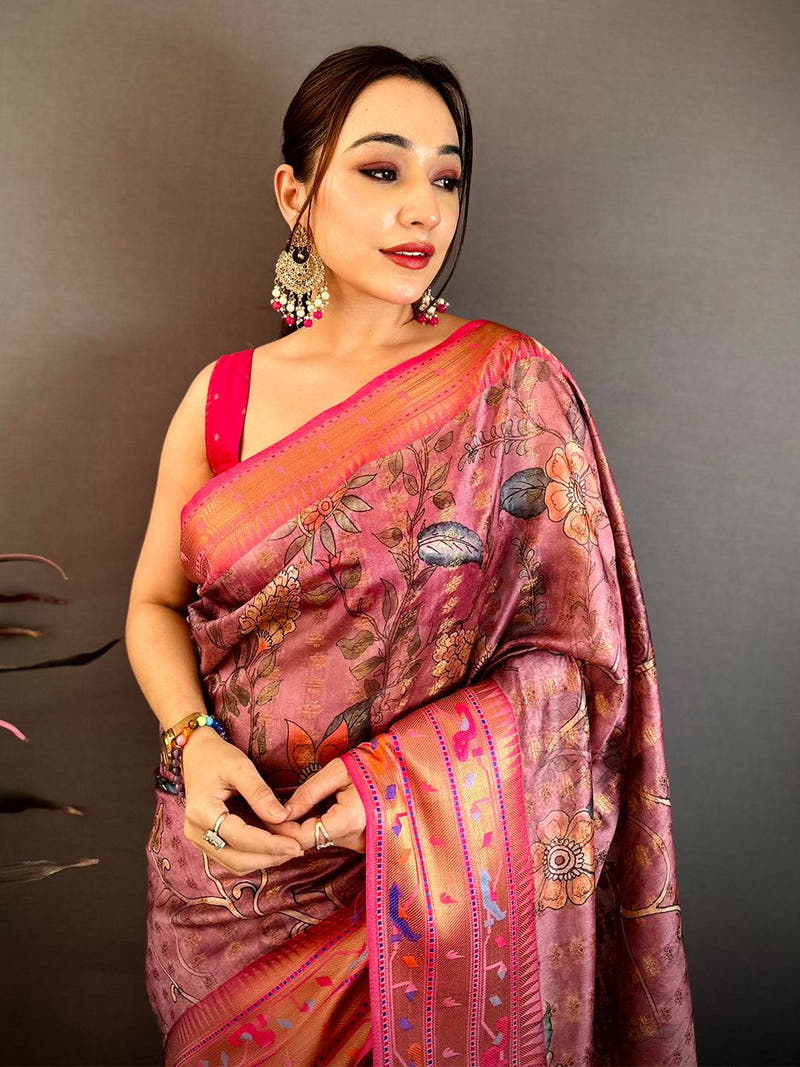 Dull Pink Paithani Border Kora Tissue Saree