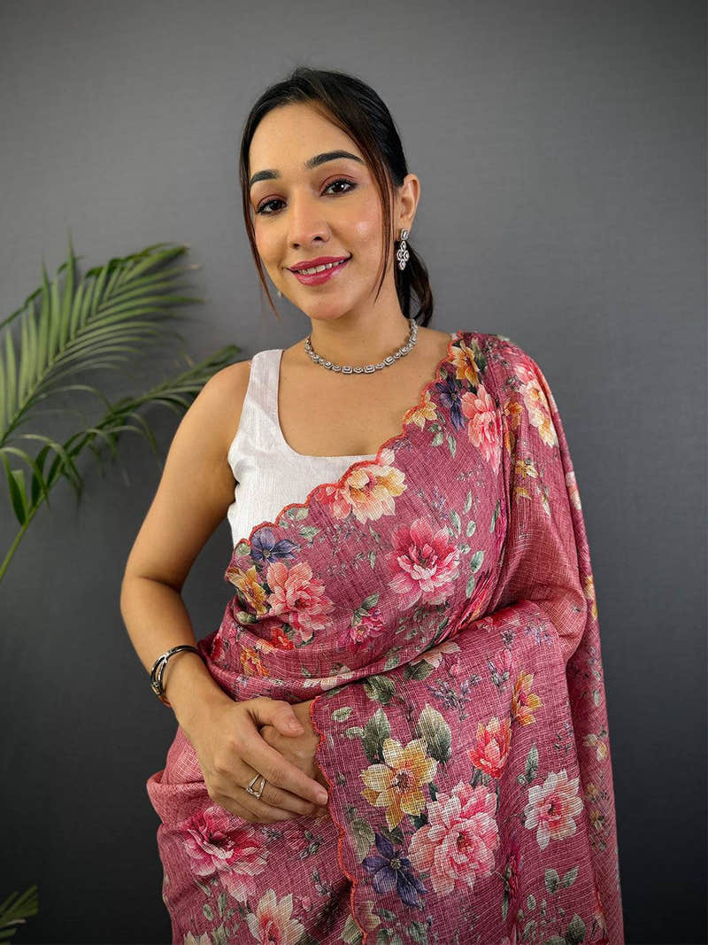 Rose Pink Kota Floral Digital Cut Work Saree