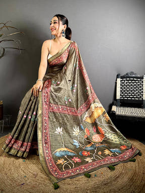 Exclusive Ghicha Silk Printed Tussar Saree
