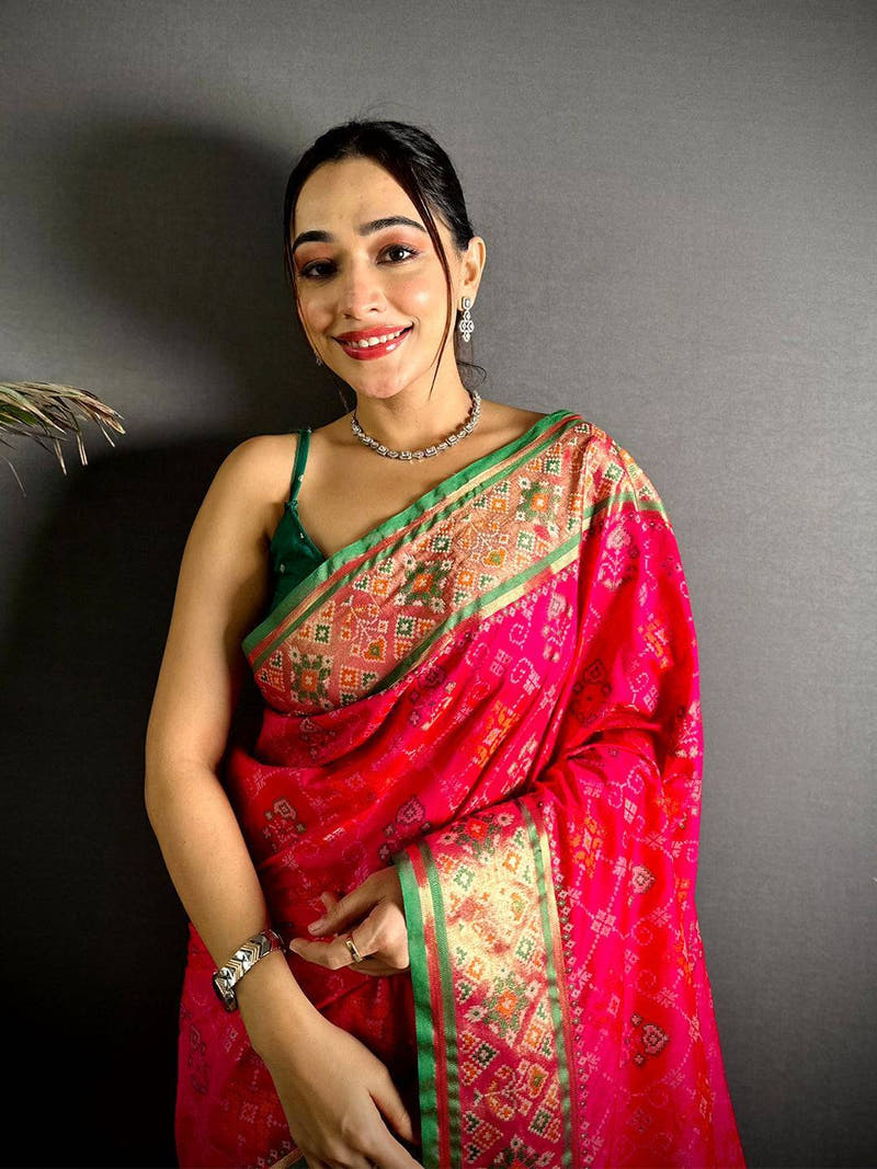 Pink Pochampally Patola Soft Silk Saree

