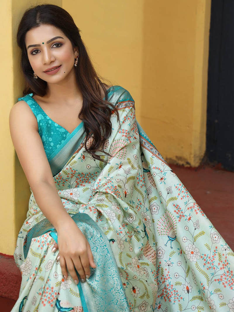 Pista Hand Kalamkari Printed Viscose Dola Silk Saree - Luxe