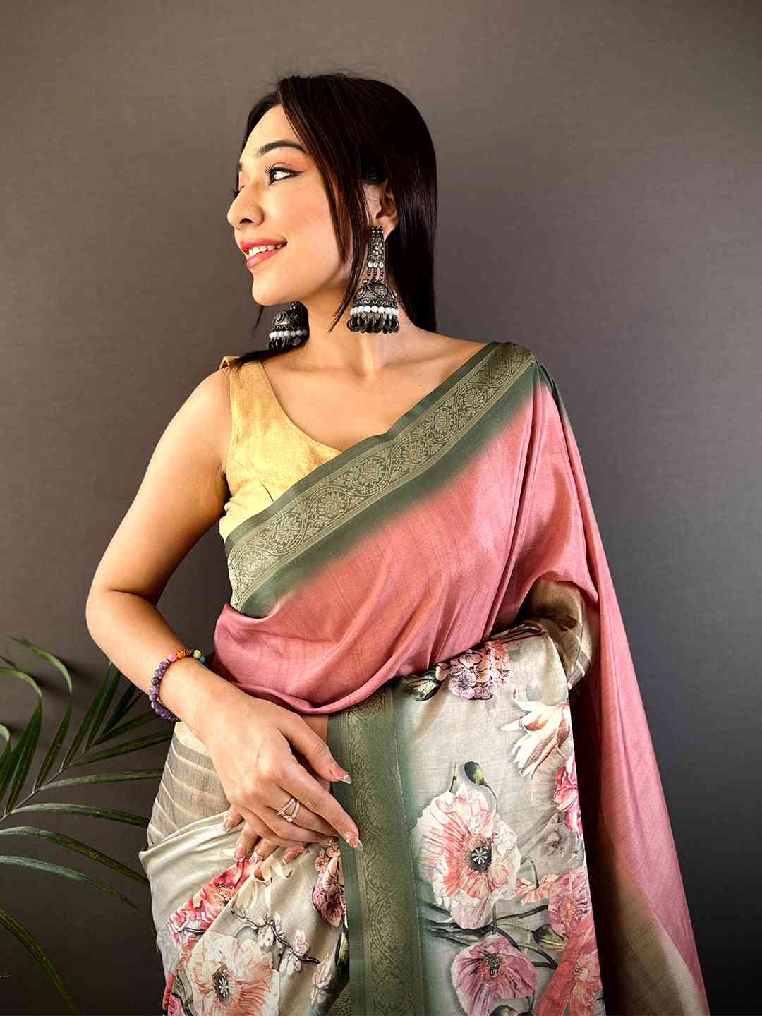 Pink Soft Silk Placement Digital Print Saree