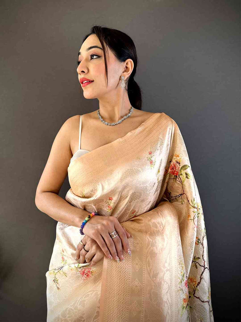 Light Peach Kanjivaram Digital Silk Saree