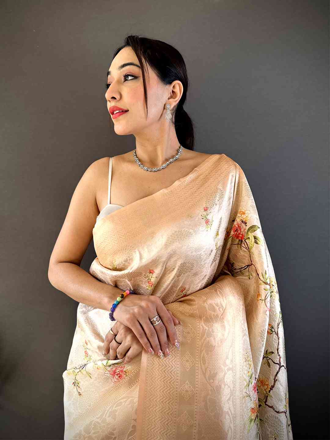 Light Peach Kanjivaram Digital Silk Saree