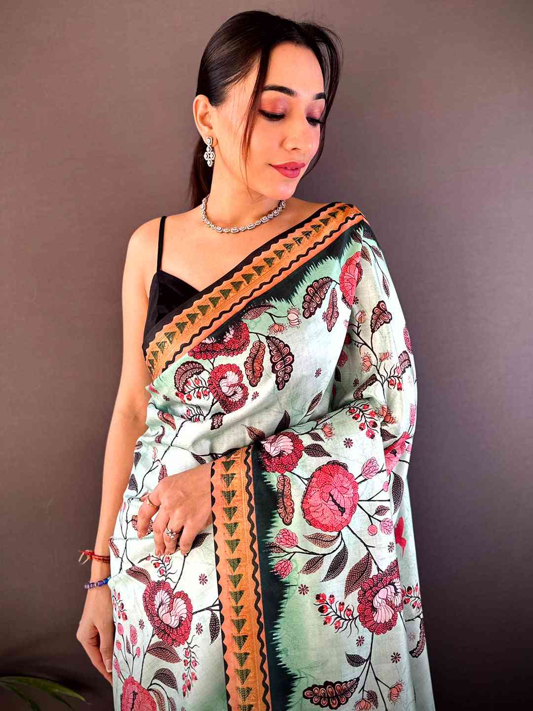 Mint Green Soft Silk Floral Saree