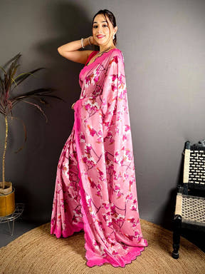 Rose Pink Chinnon Embroidered Border Saree