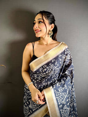 Black Tussar Graphic Digital Print Zari Saree